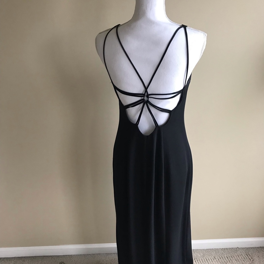 Back detail long cocktail dress with front slit